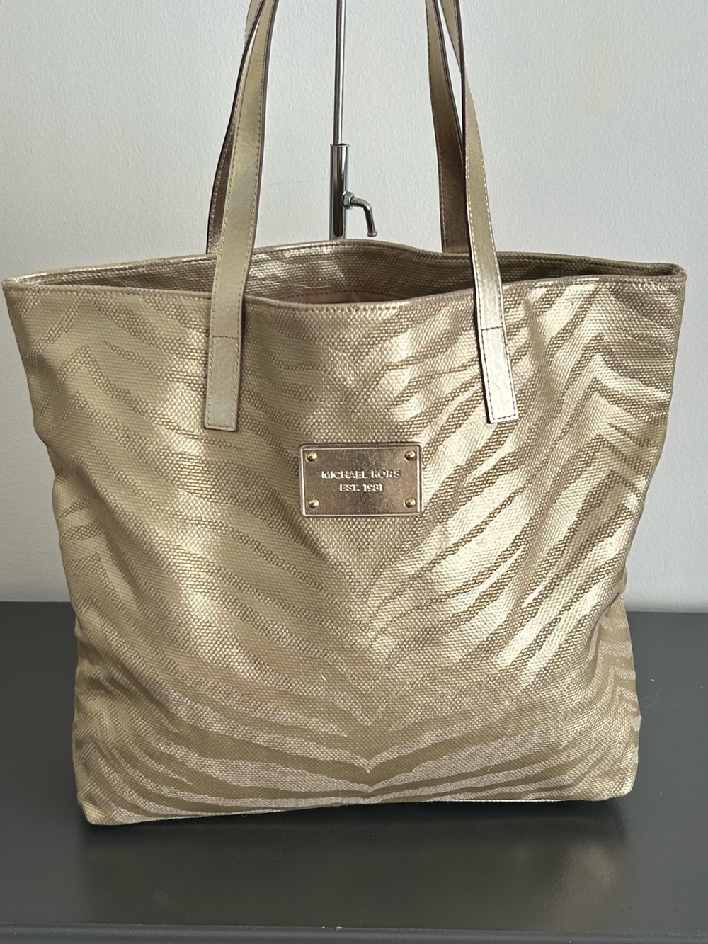 Michael Kors Metallic Gold Zebra Print Tote Shoulder Bag Large Purse - Picture 4 of 12